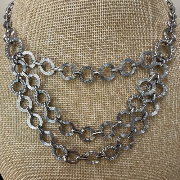 Loft Three-Layer Silver-Tone Necklace With Circular Links & Rhinestone Accents - Picture 3 of 12